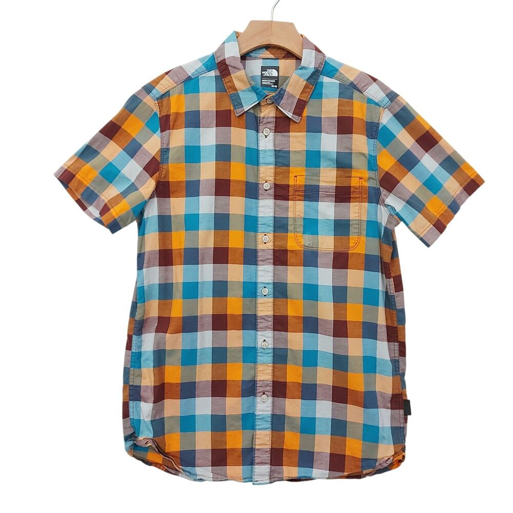 The North Face Road Trip Shirt Mens Medium Orange Checked Casual Outdoor Travel